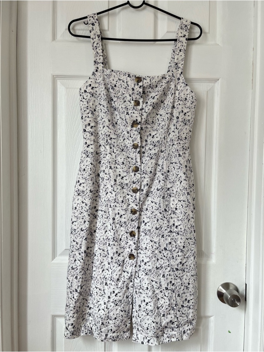 Gap White Grey Navy Floral Linen Blend Button Down Dress Size 4 Petite - Picture 2 of 9